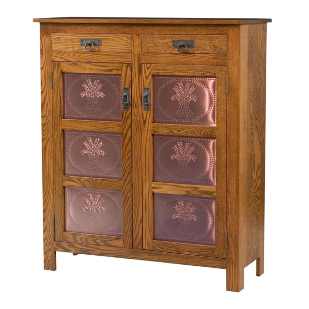 Mission Style 2-Door 3-Copper Panel with Drawer Pie Safe